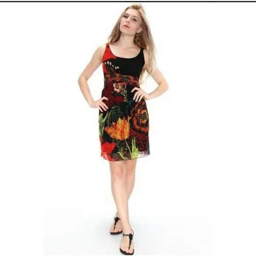 Desigual by Lacroix Dress Floral Print Sheer Sleeveless Size Medium Black Stretc